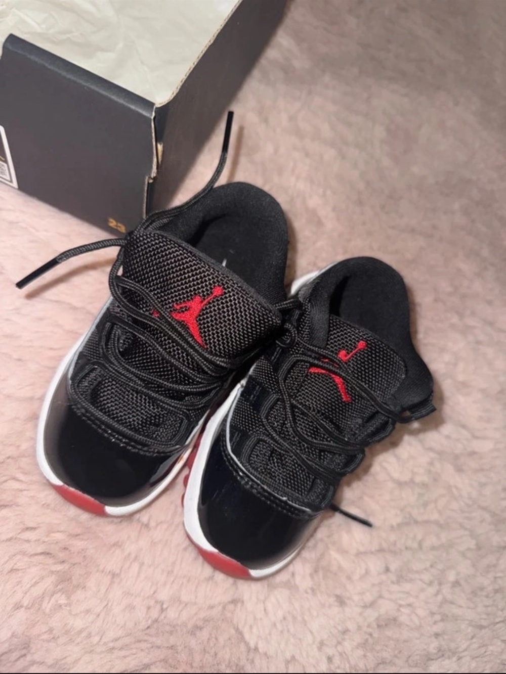 Jordan Kids Black and Red Low Bred Sneakers